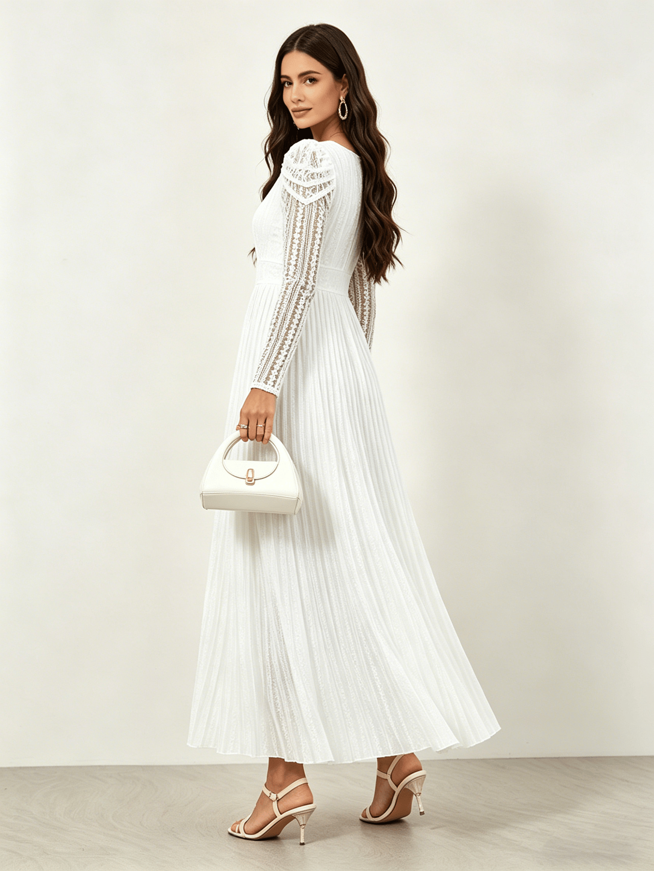 White Ankle-Length Pleated Dress with Long Lace Sleeves