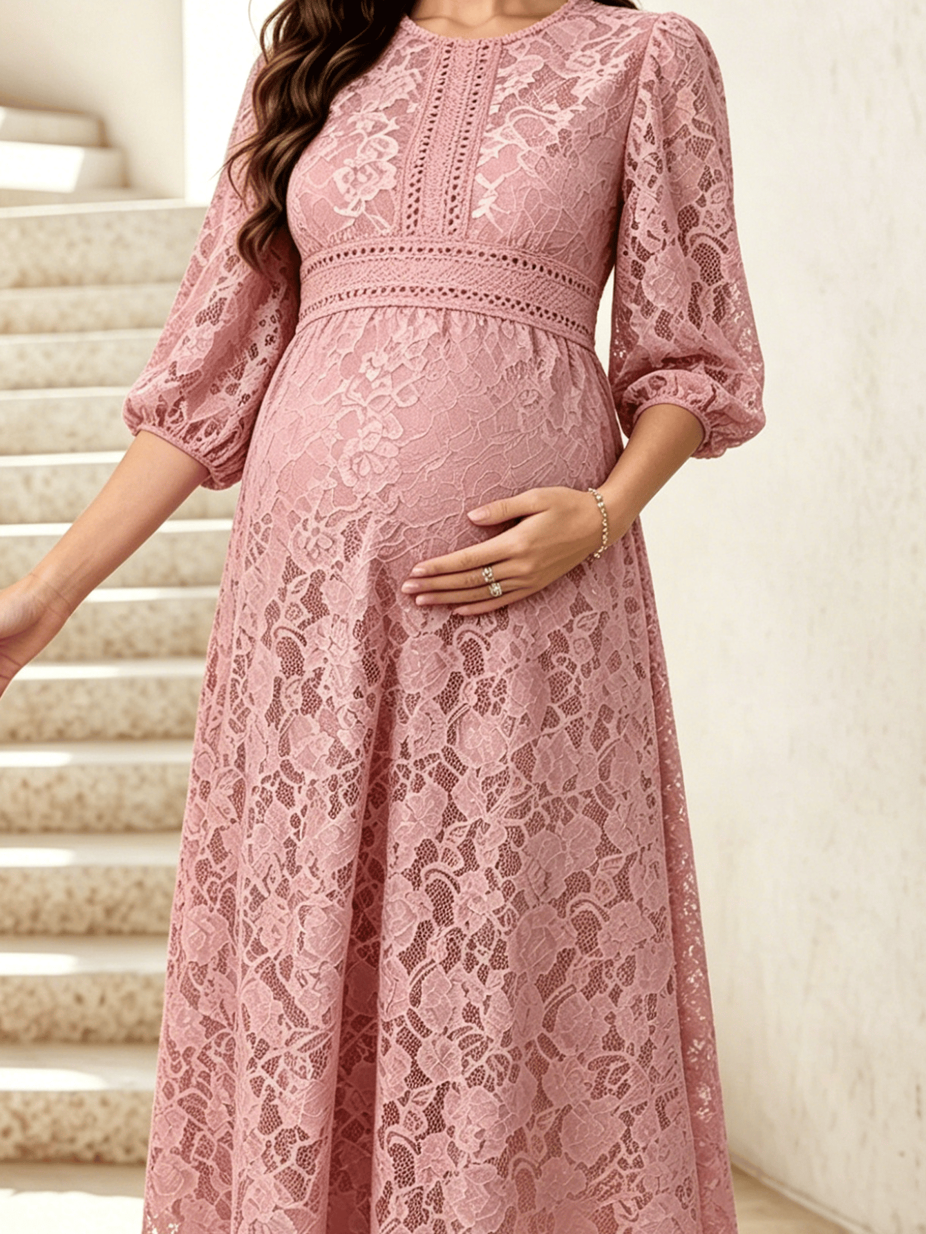 Pink Lace Midi Dress with Round Neck