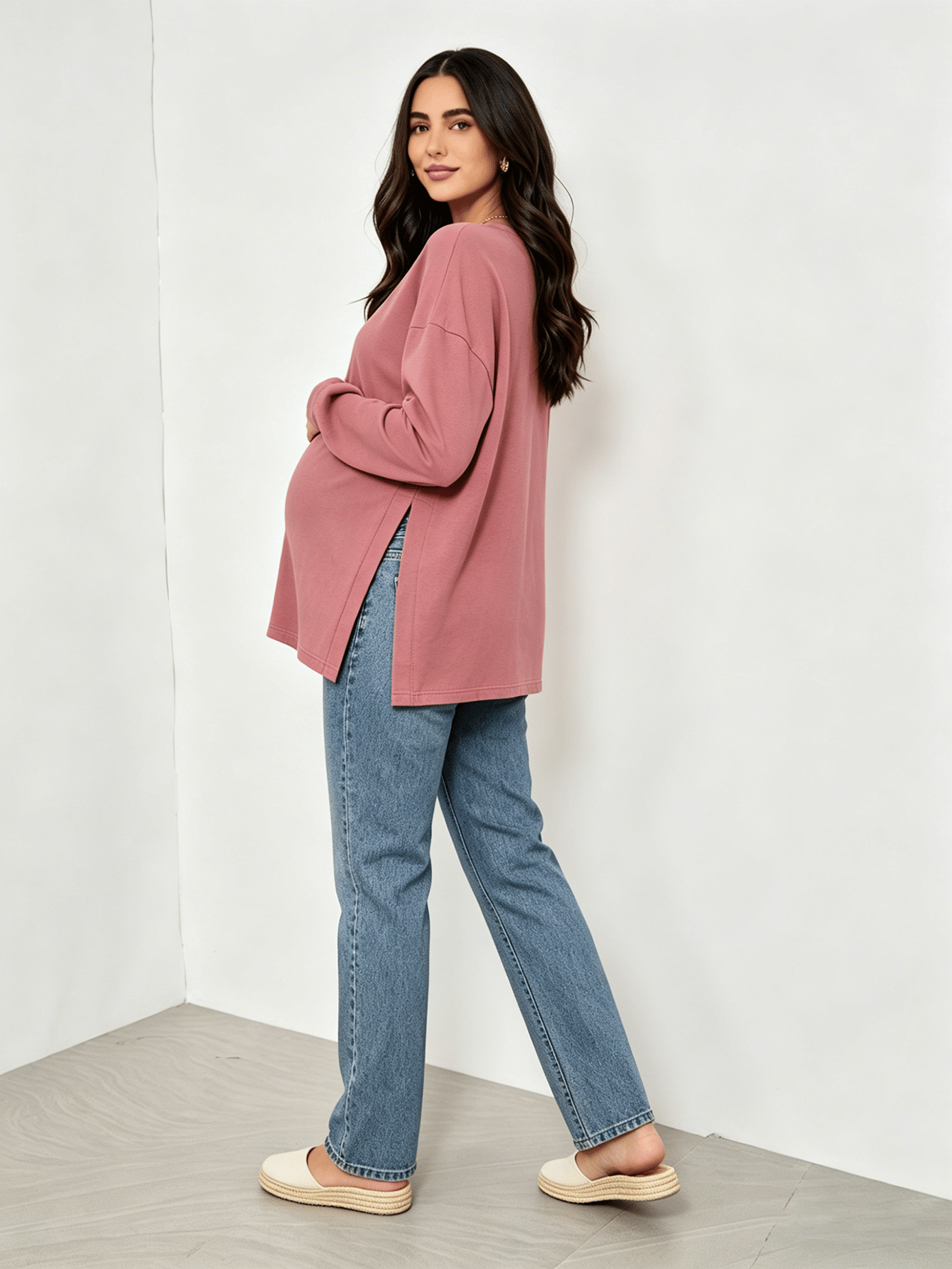 Maternity Longline Top with Round Neck and Long Sleeve