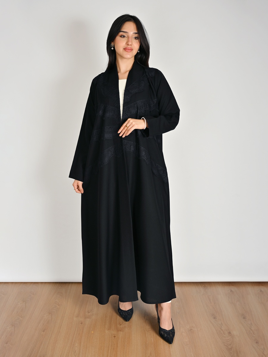 Black Wrap Abaya with Lace Panel Detail