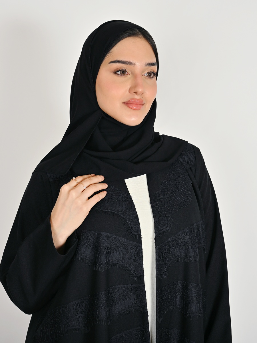 Black Wrap Abaya with Lace Panel Detail