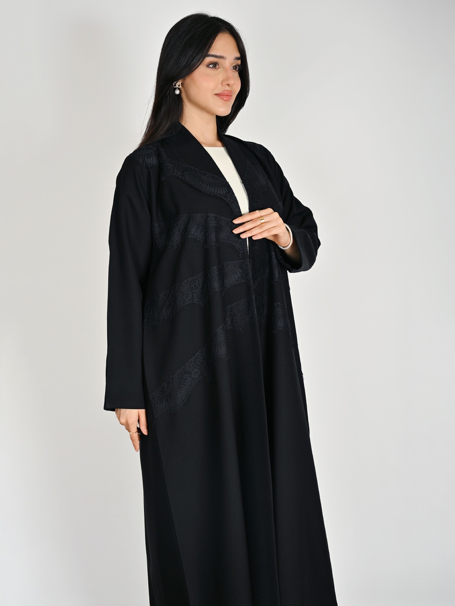 Black Wrap Abaya with Lace Panel Detail