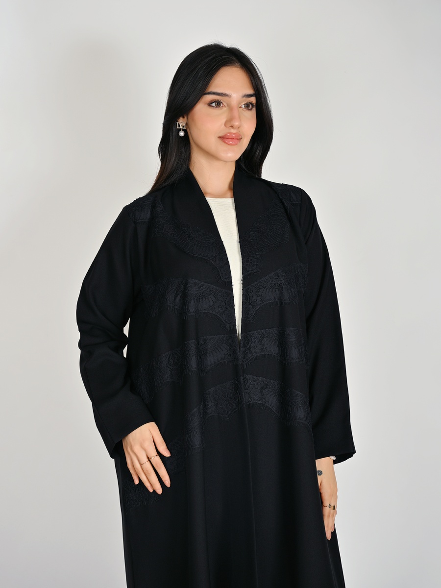 Black Wrap Abaya with Lace Panel Detail