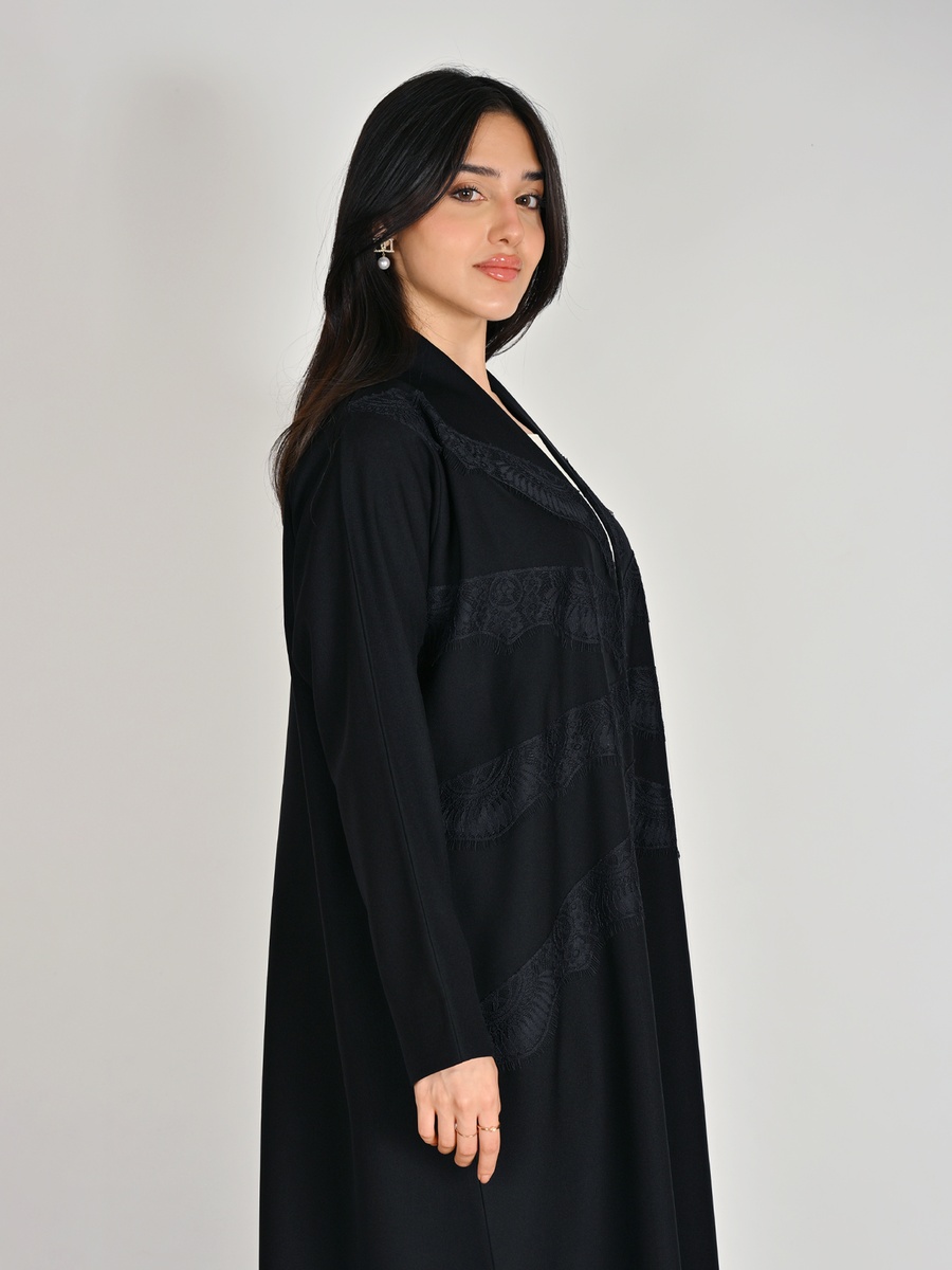 Black Wrap Abaya with Lace Panel Detail