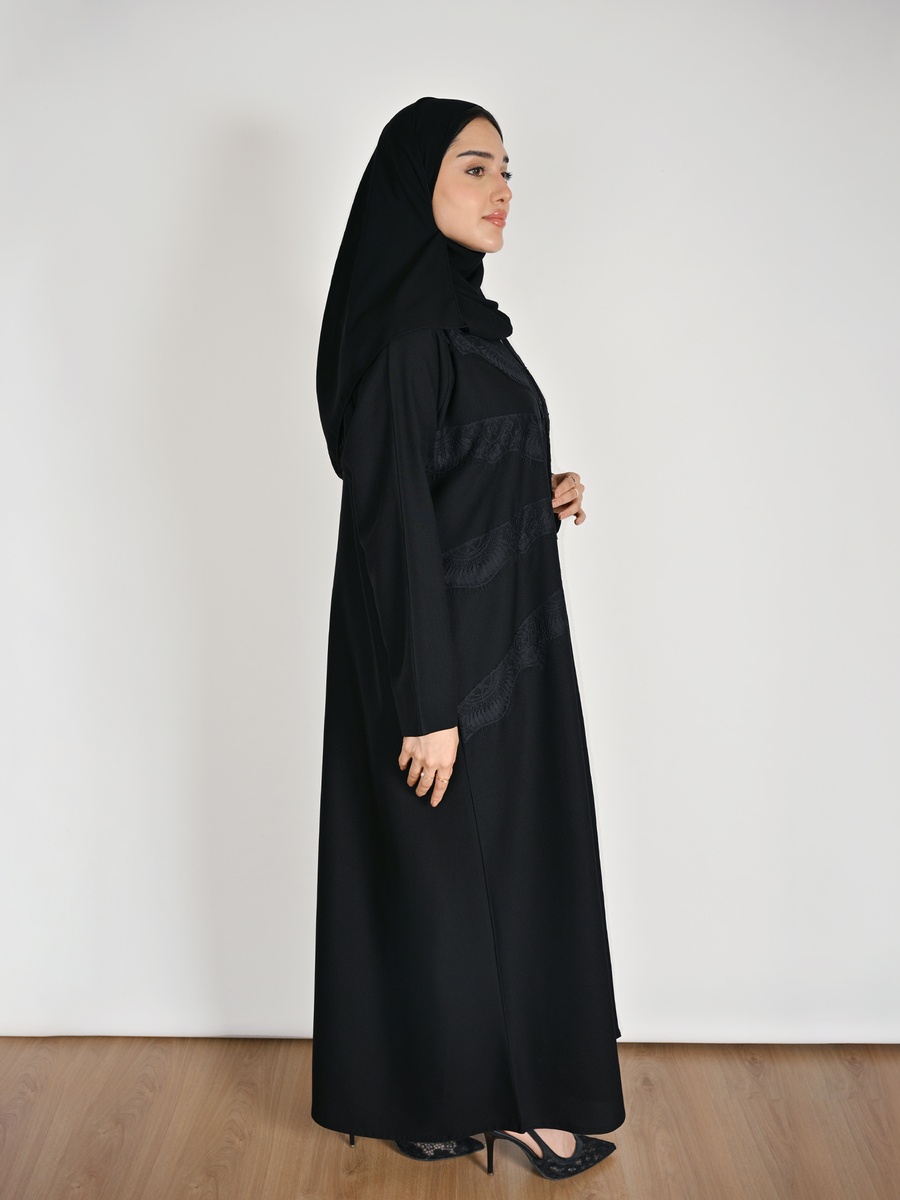 Black Wrap Abaya with Lace Panel Detail