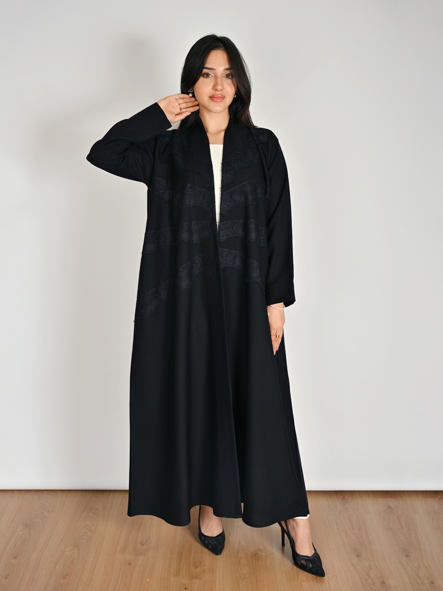 Black Wrap Abaya with Lace Panel Detail