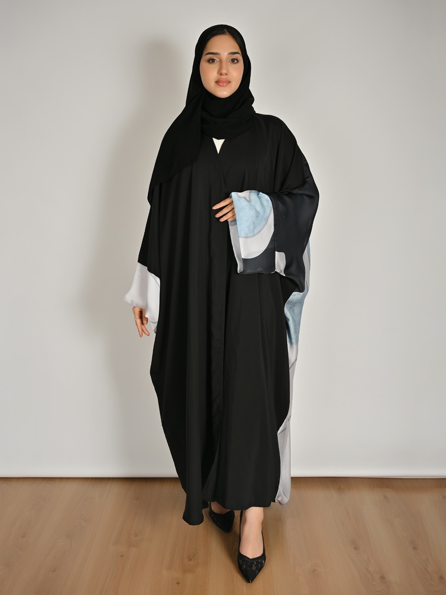 Black Color Block Print Abaya with Batwing Sleeve