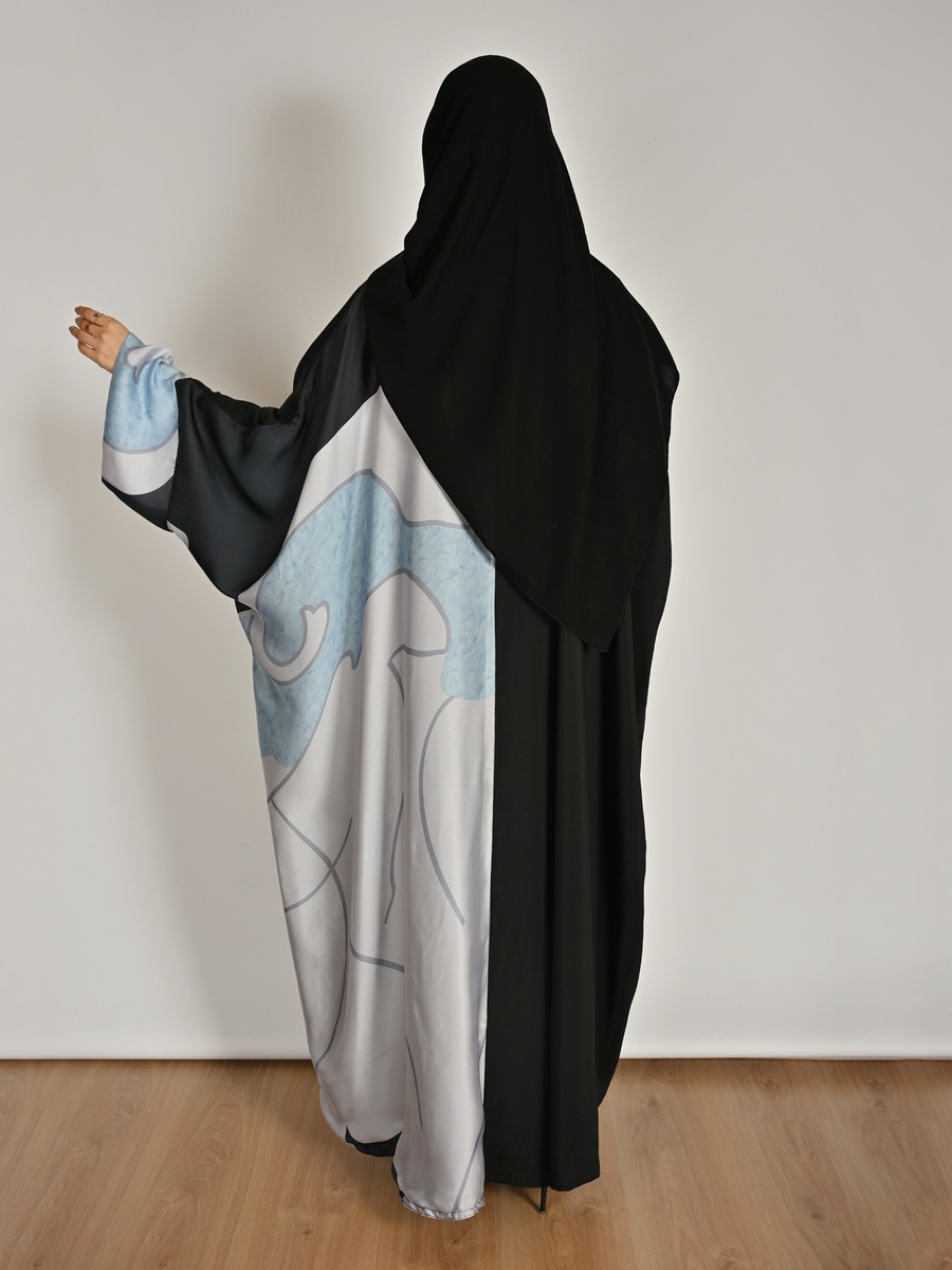 Black Color Block Print Abaya with Batwing Sleeve