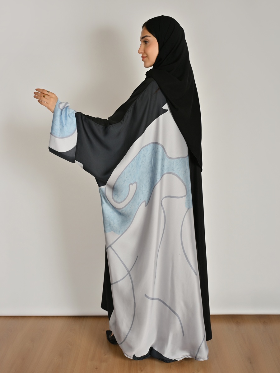 Black Color Block Print Abaya with Batwing Sleeve