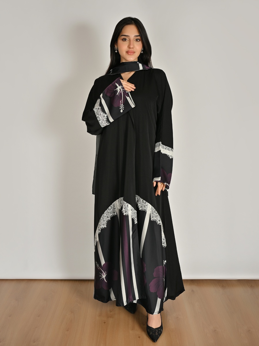Black Floral Print Wrap Abaya with Lace Detail