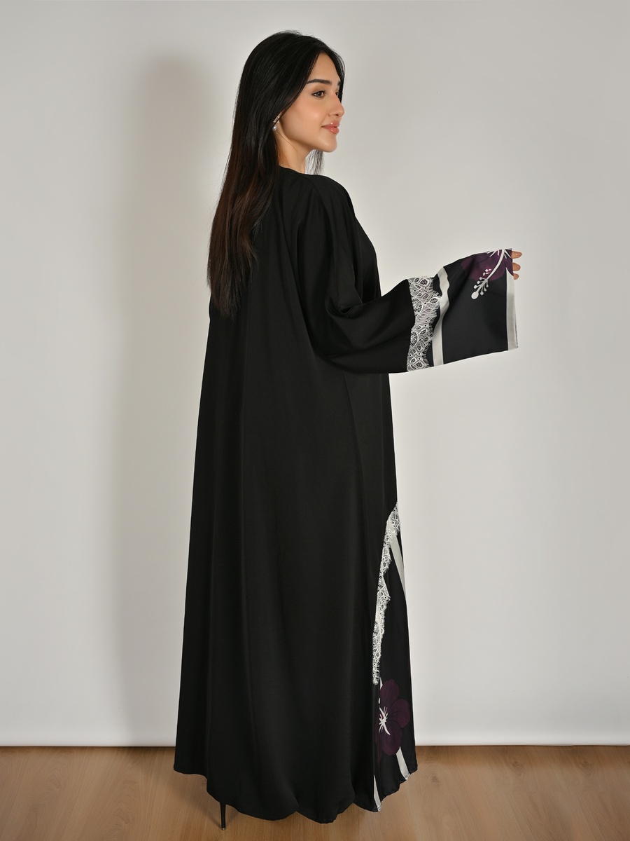 Black Floral Print Wrap Abaya with Lace Detail