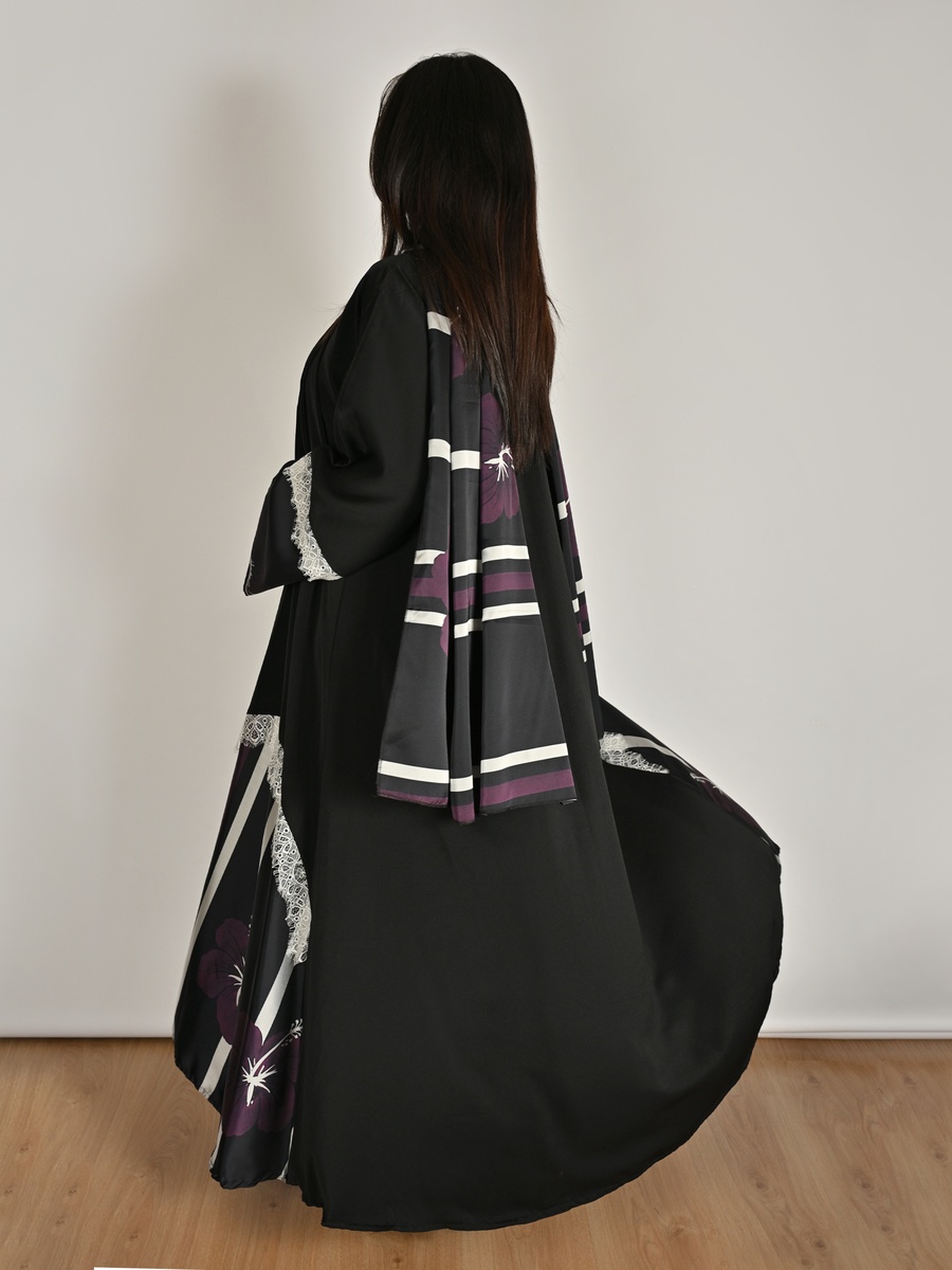 Black Floral Print Wrap Abaya with Lace Detail