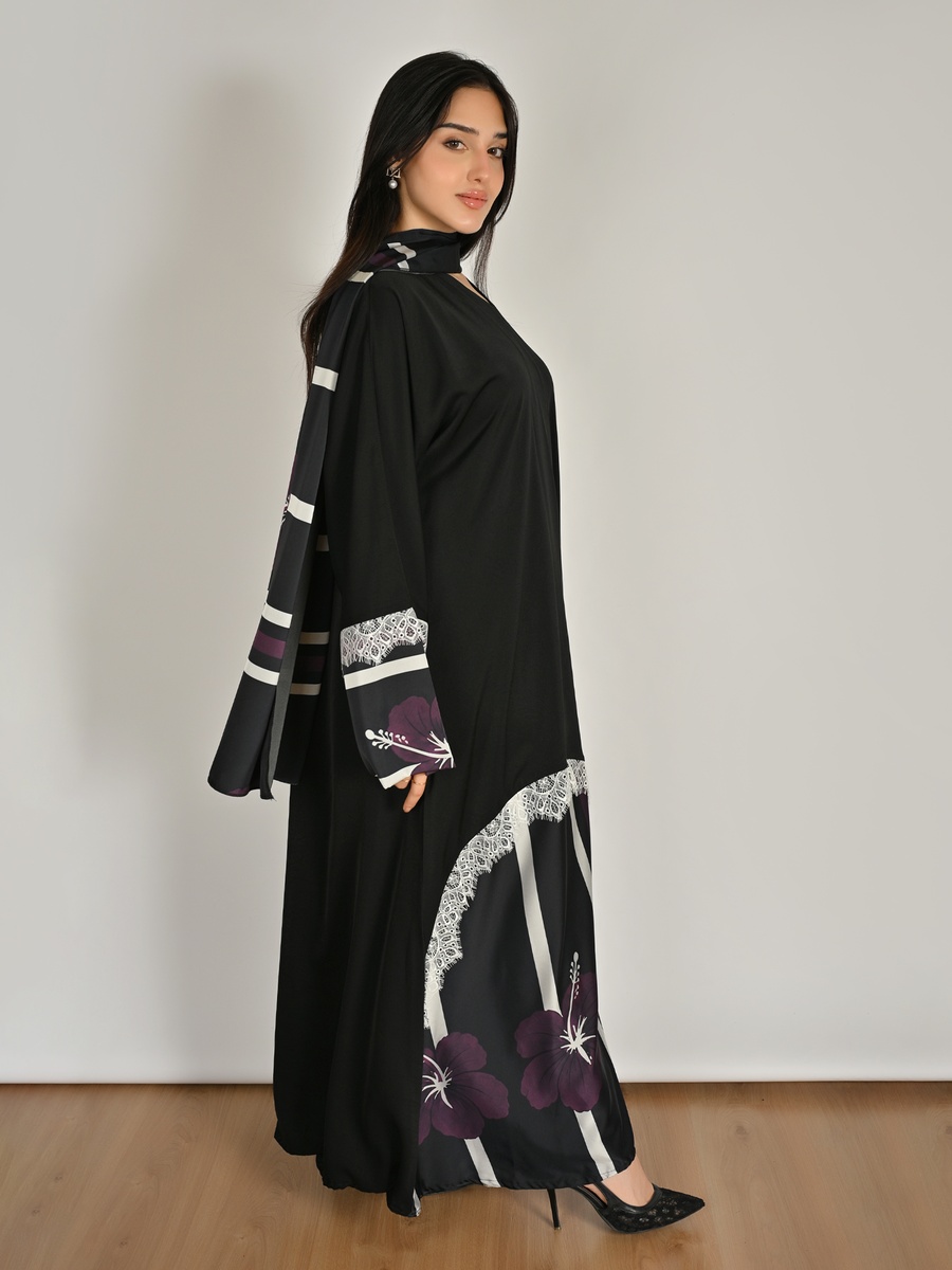 Black Floral Print Wrap Abaya with Lace Detail