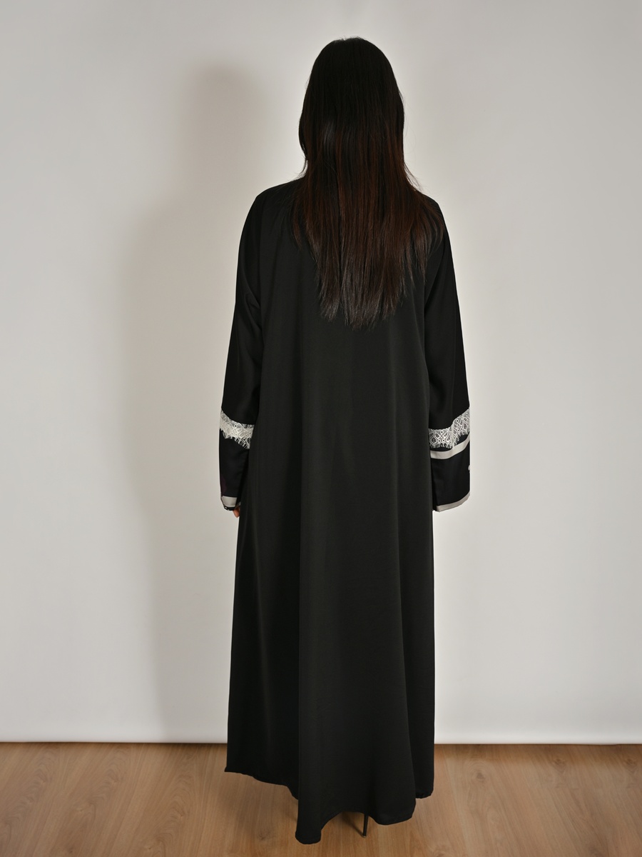 Black Floral Print Wrap Abaya with Lace Detail
