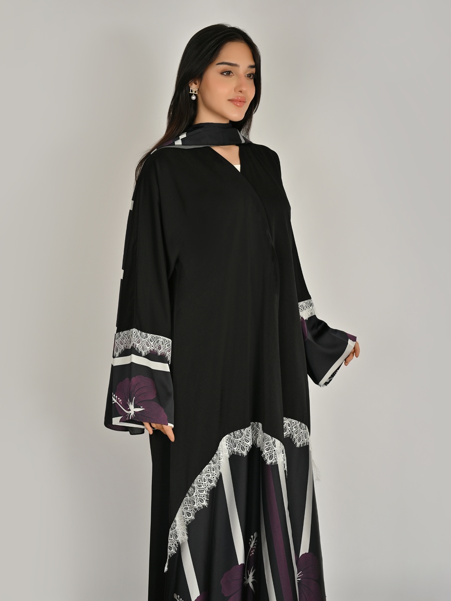 Black Floral Print Wrap Abaya with Lace Detail