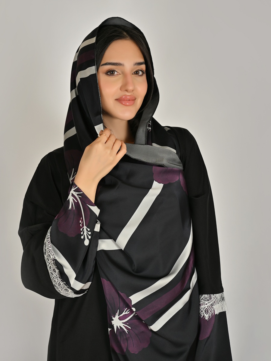 Black Floral Print Wrap Abaya with Lace Detail