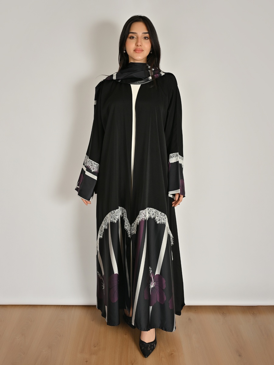 Black Floral Print Wrap Abaya with Lace Detail