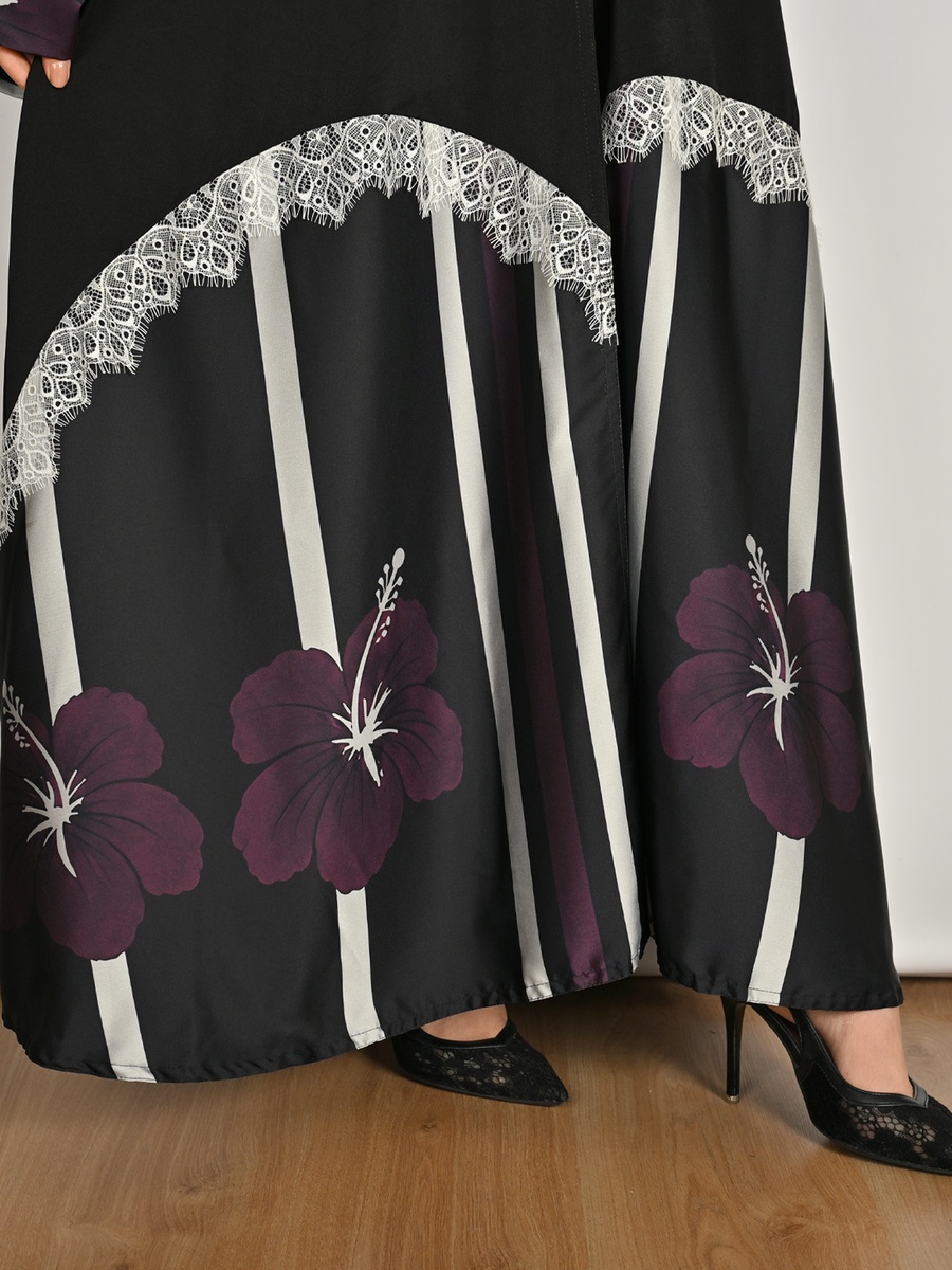 Black Floral Print Wrap Abaya with Lace Detail