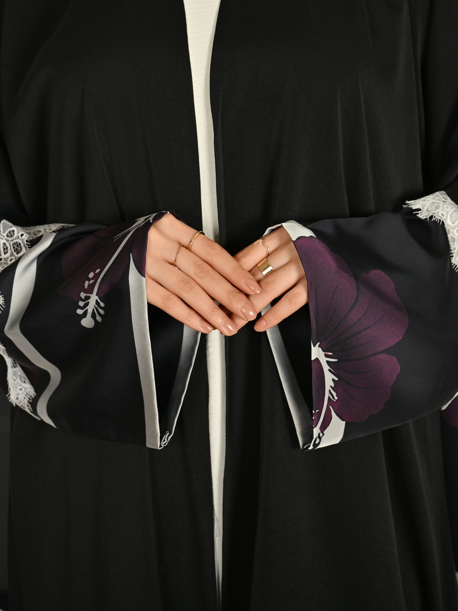 Black Floral Print Wrap Abaya with Lace Detail