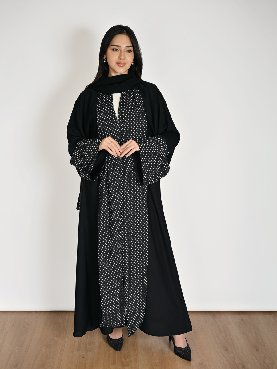 Black Wrap Abaya with Polka Dot Chiffon Accents
