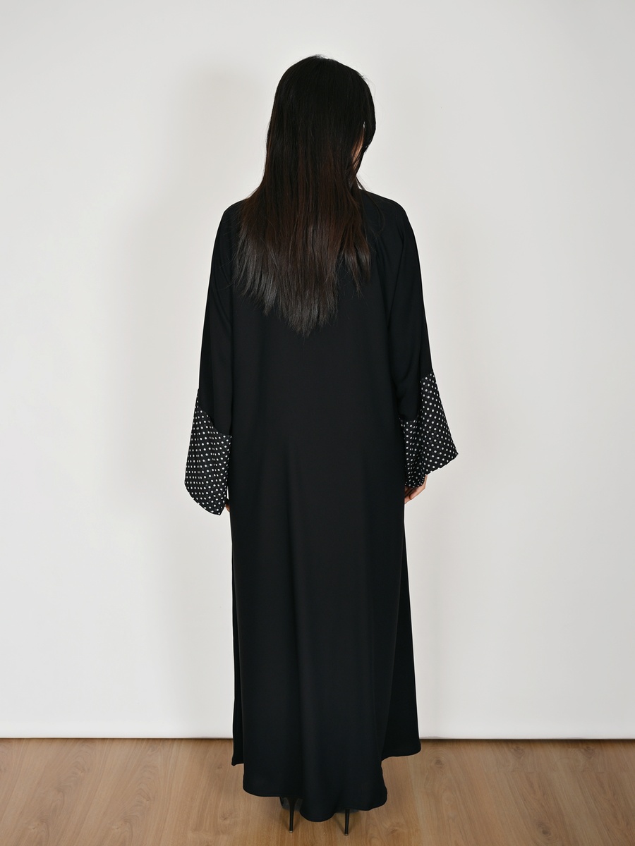 Black Wrap Abaya with Polka Dot Chiffon Accents