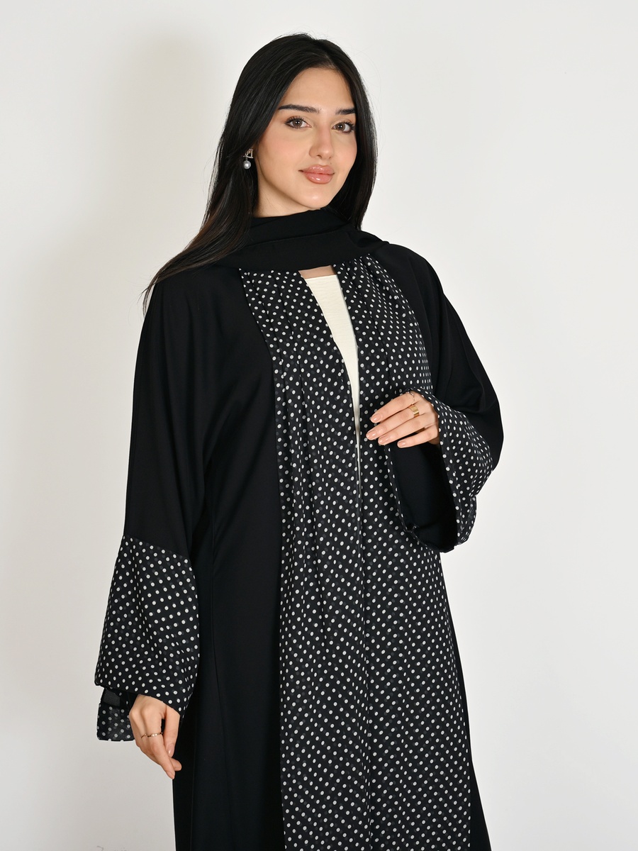 Black Wrap Abaya with Polka Dot Chiffon Accents