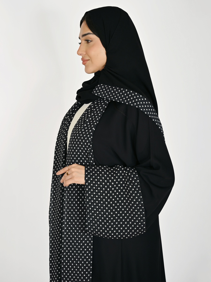 Black Wrap Abaya with Polka Dot Chiffon Accents