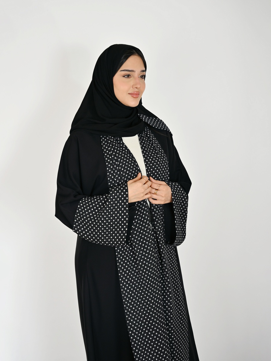 Black Wrap Abaya with Polka Dot Chiffon Accents