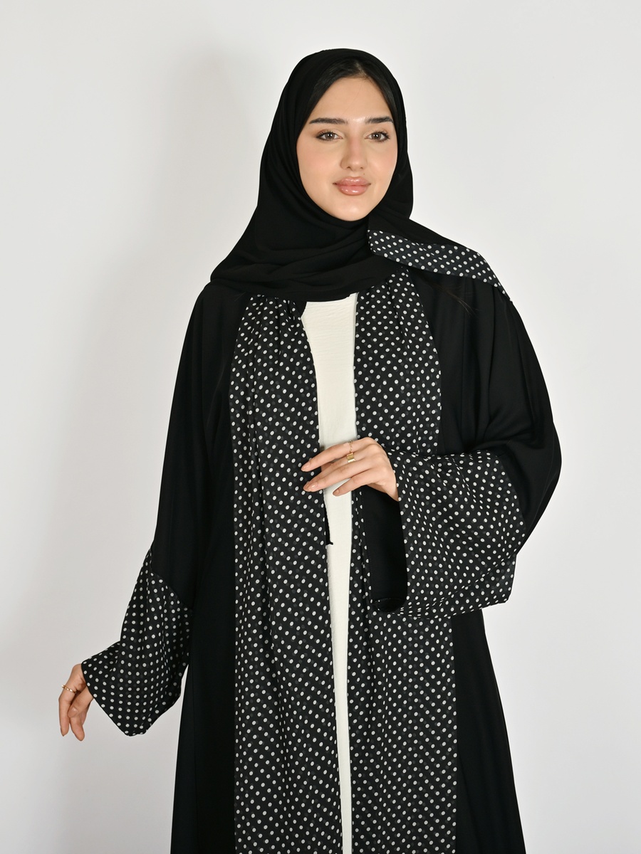 Black Wrap Abaya with Polka Dot Chiffon Accents