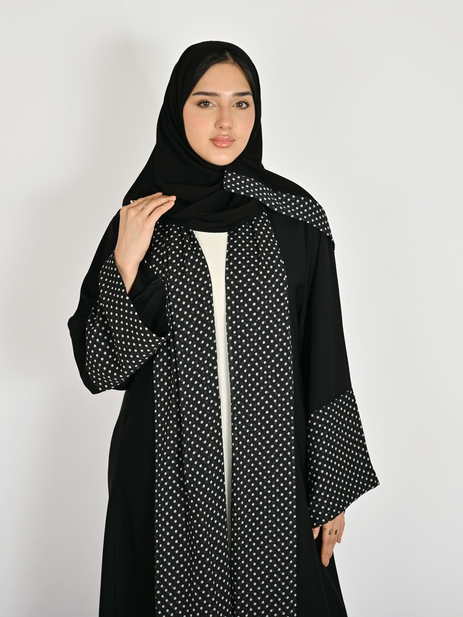 Black Wrap Abaya with Polka Dot Chiffon Accents