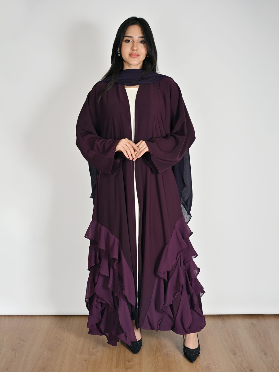 Purple Wrap Abaya with Layered Chiffon Ruffles