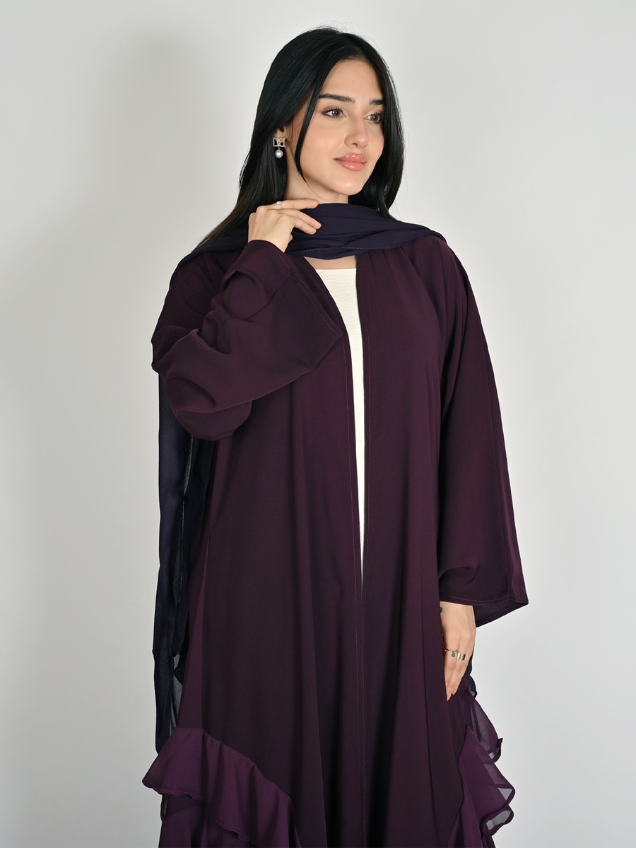 Purple Wrap Abaya with Layered Chiffon Ruffles