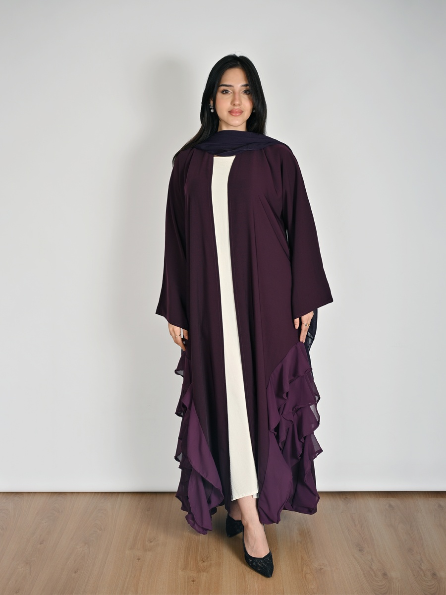 Purple Wrap Abaya with Layered Chiffon Ruffles