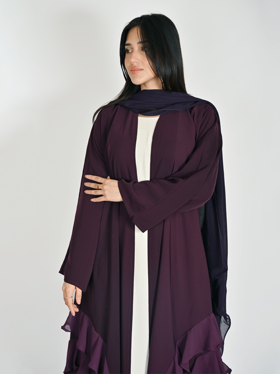 Purple Wrap Abaya with Layered Chiffon Ruffles