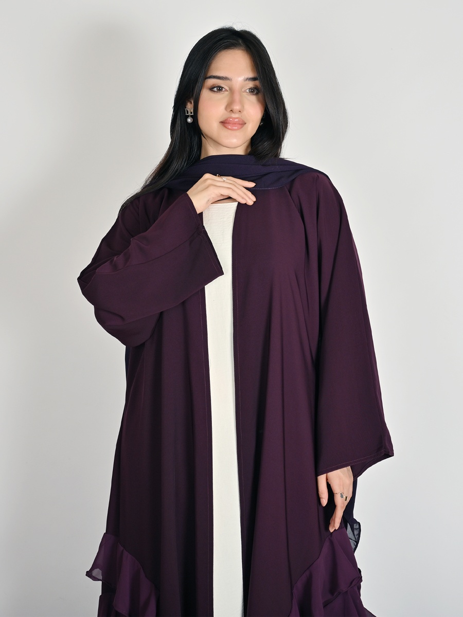Purple Wrap Abaya with Layered Chiffon Ruffles