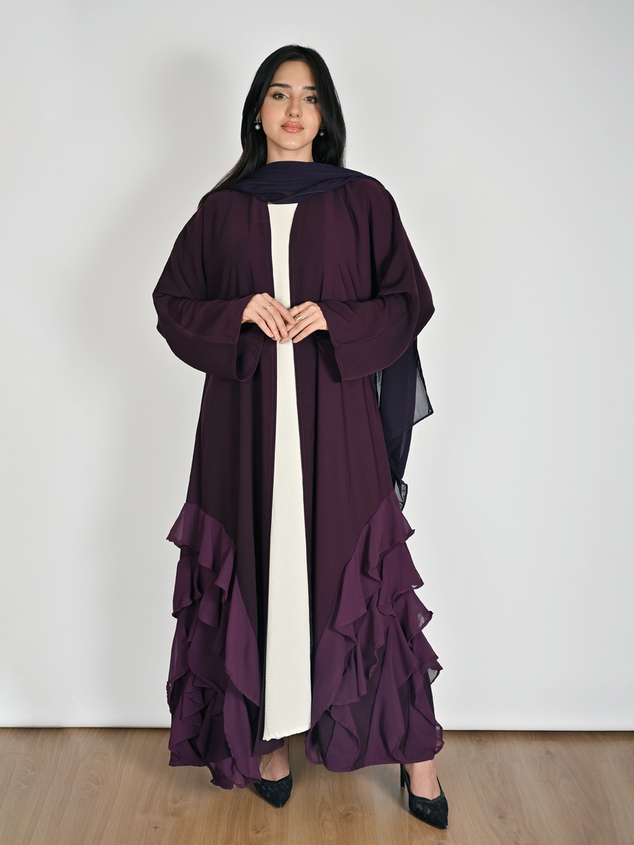 Purple Wrap Abaya with Layered Chiffon Ruffles
