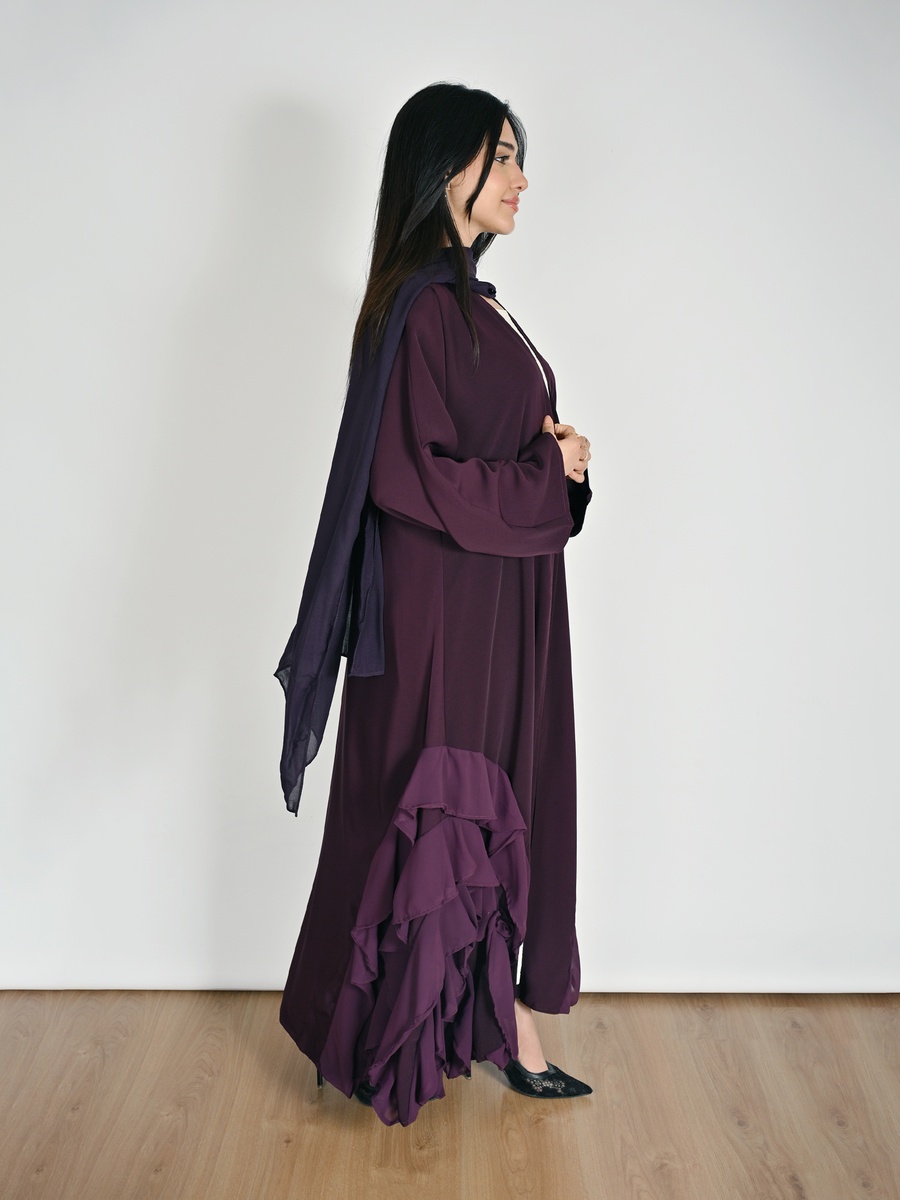 Purple Wrap Abaya with Layered Chiffon Ruffles