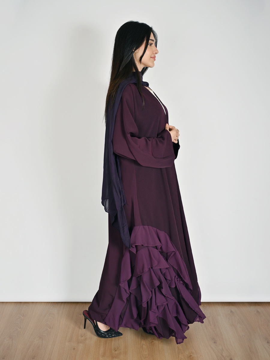 Purple Wrap Abaya with Layered Chiffon Ruffles