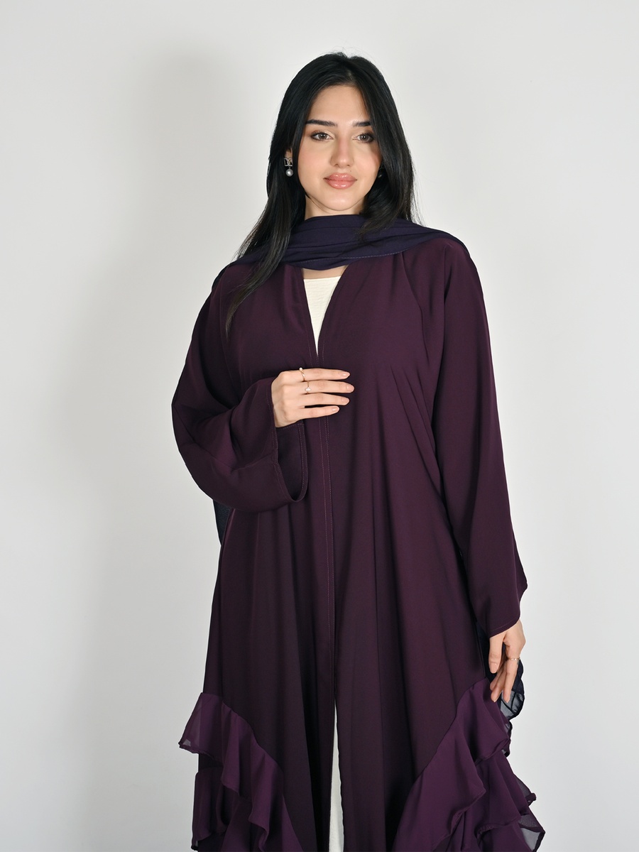 Purple Wrap Abaya with Layered Chiffon Ruffles