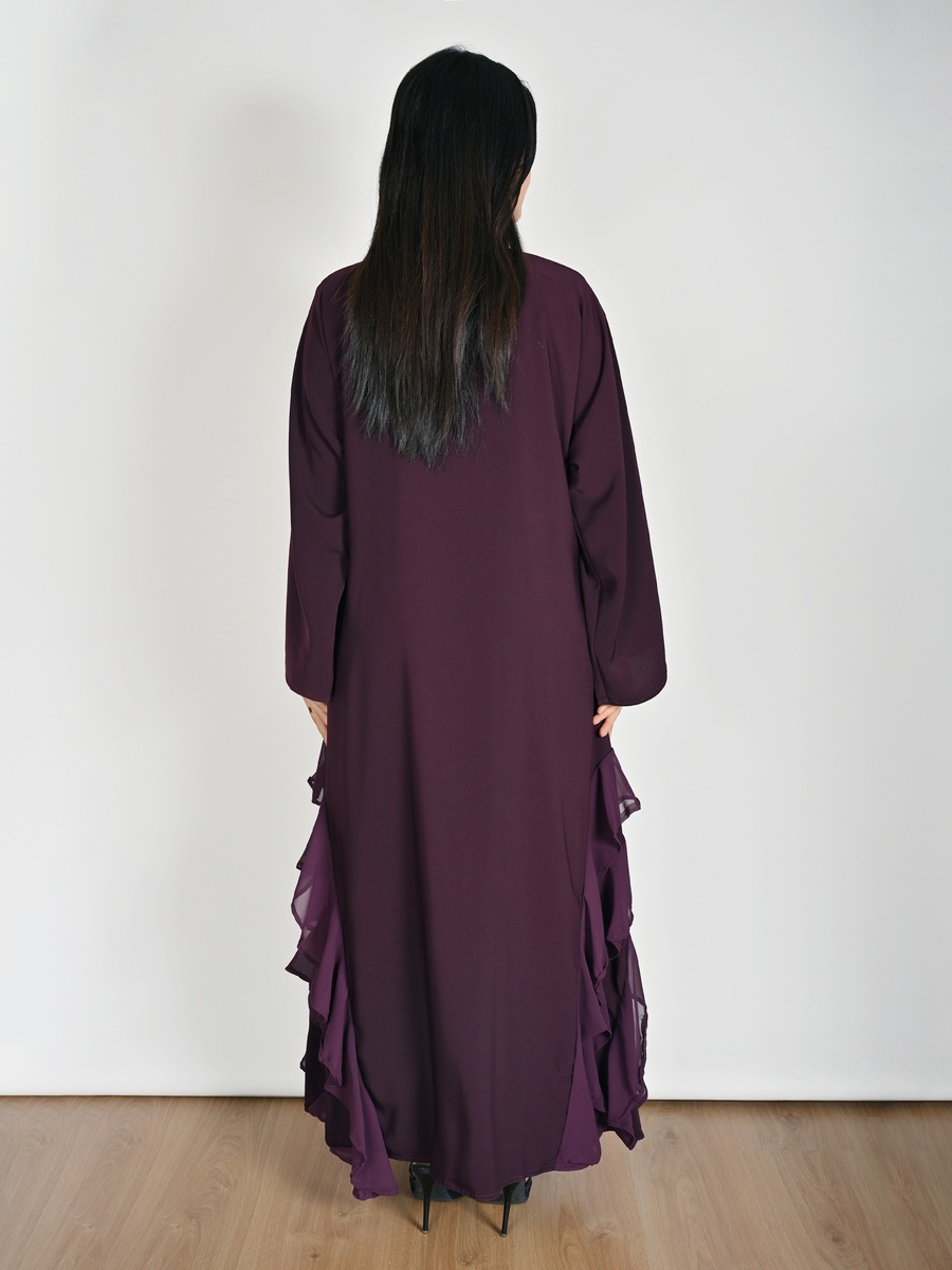 Purple Wrap Abaya with Layered Chiffon Ruffles