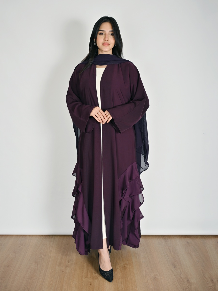 Purple Wrap Abaya with Layered Chiffon Ruffles