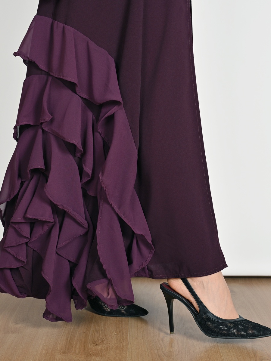 Purple Wrap Abaya with Layered Chiffon Ruffles