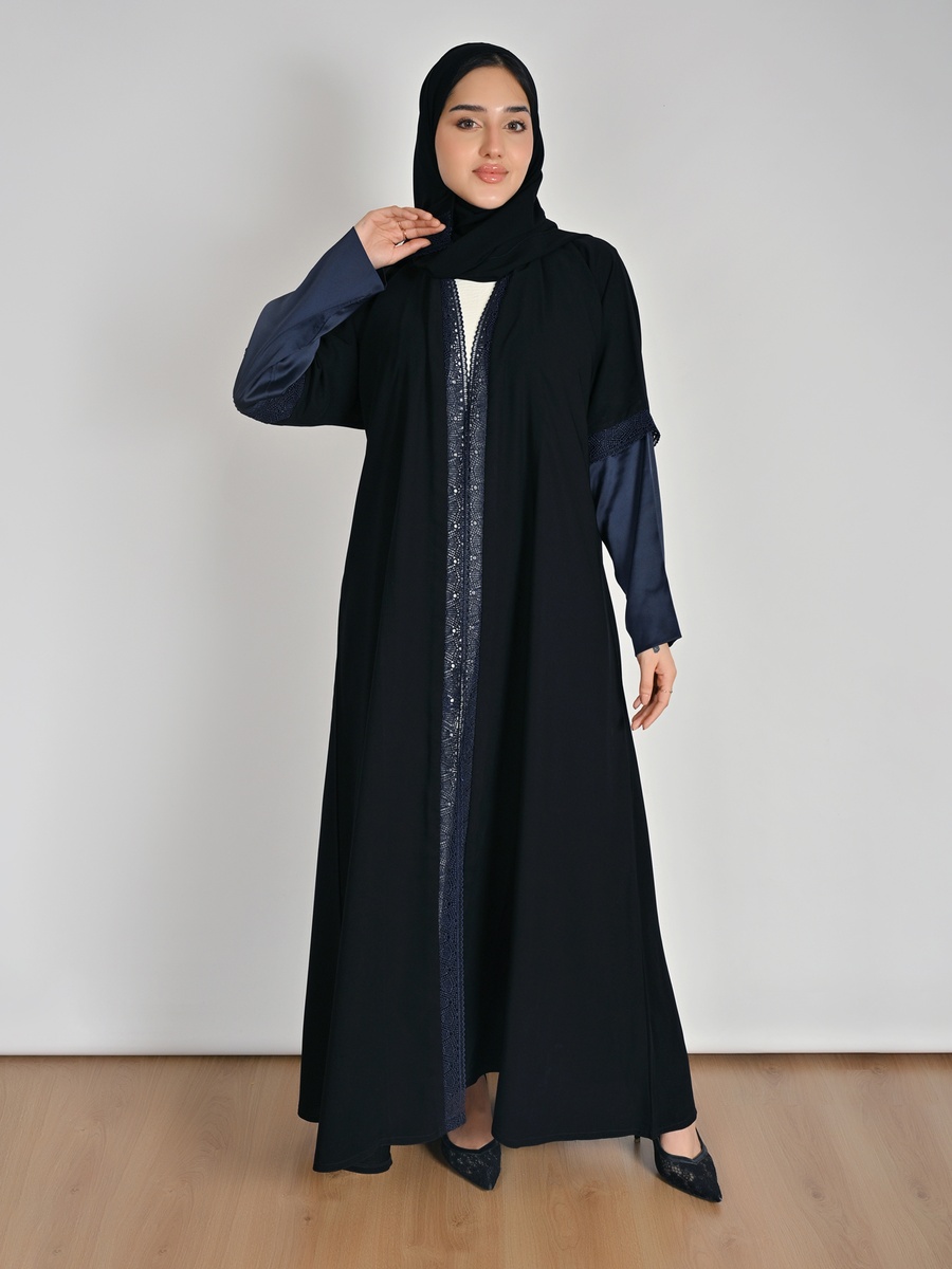 Black Satin Sleeve Abaya with Lace Accent
