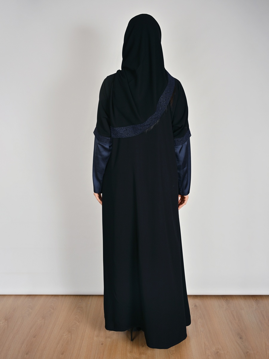 Black Satin Sleeve Abaya with Lace Accent