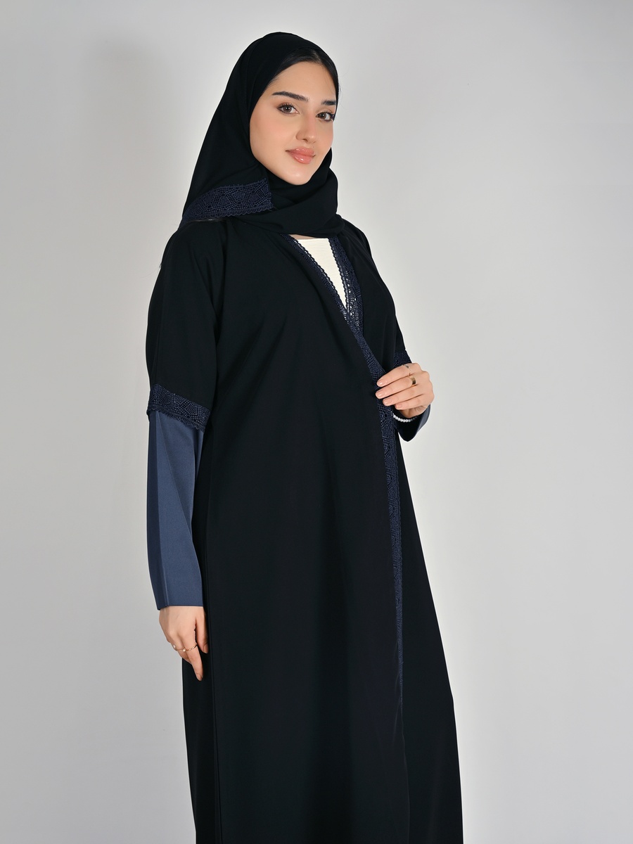 Black Satin Sleeve Abaya with Lace Accent