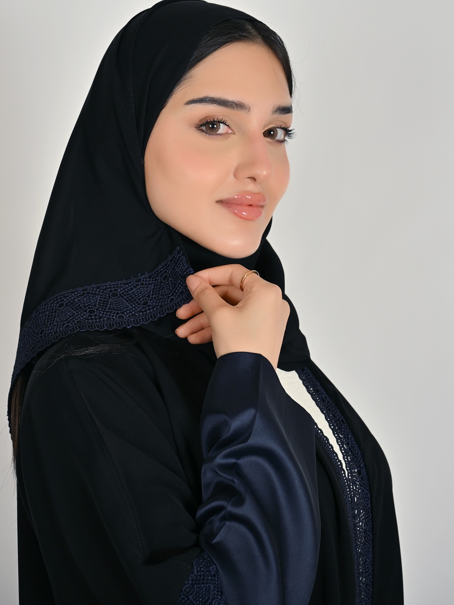 Black Satin Sleeve Abaya with Lace Accent