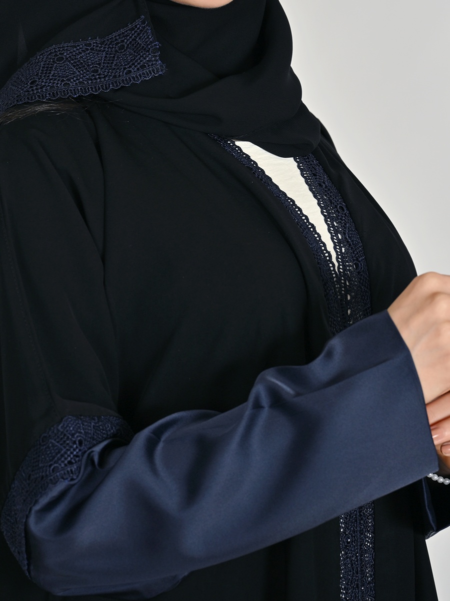 Black Satin Sleeve Abaya with Lace Accent
