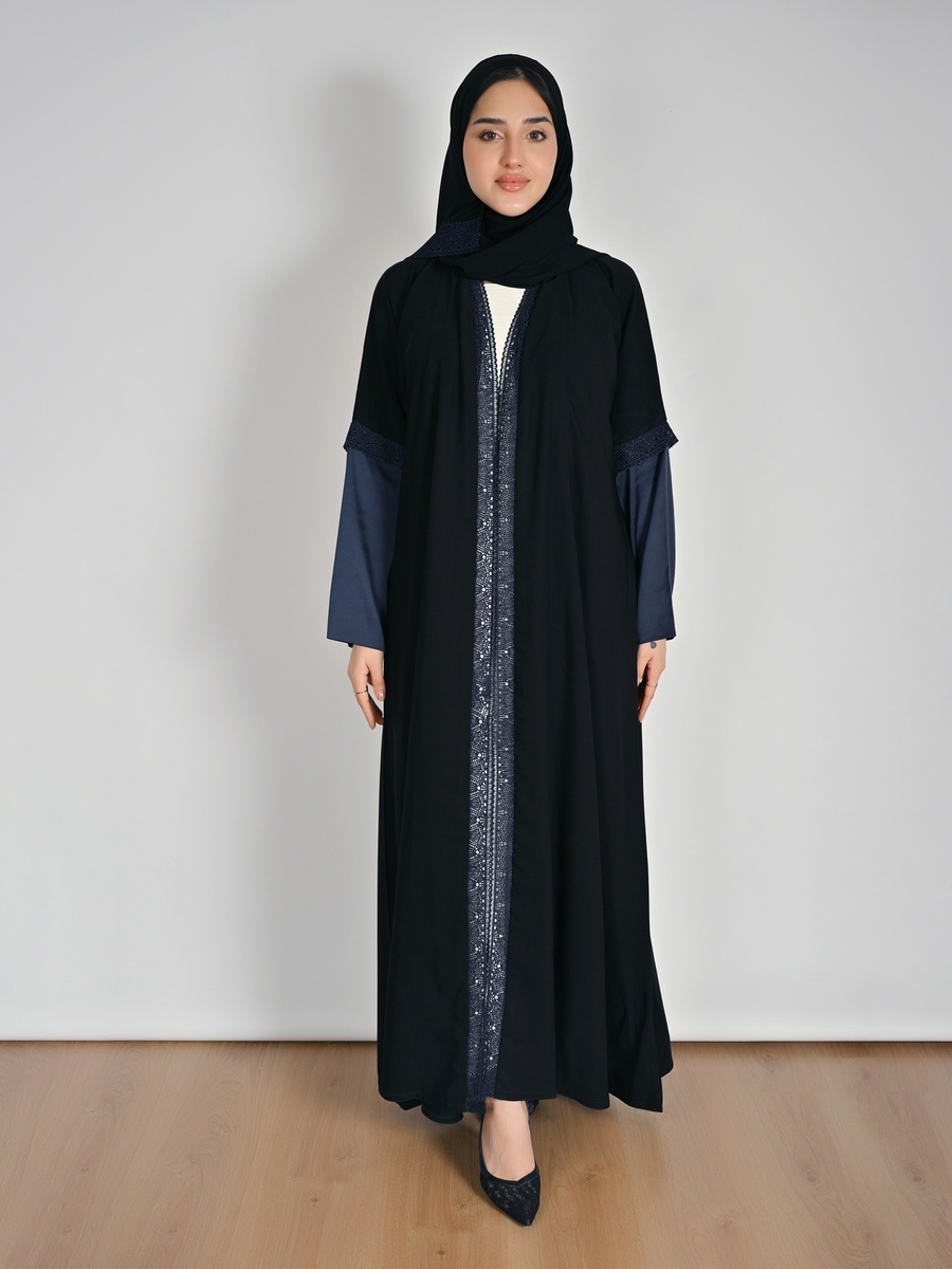 Black Satin Sleeve Abaya with Lace Accent