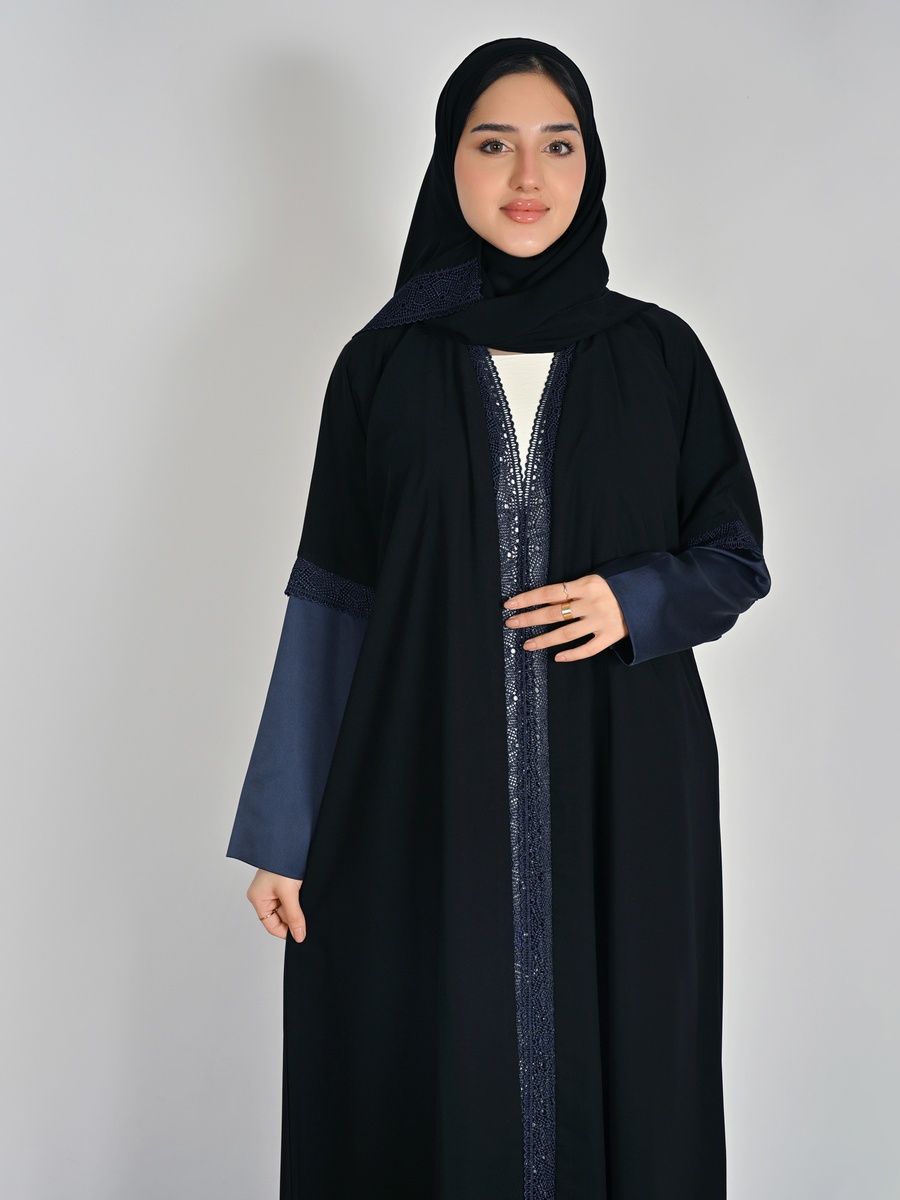 Black Satin Sleeve Abaya with Lace Accent
