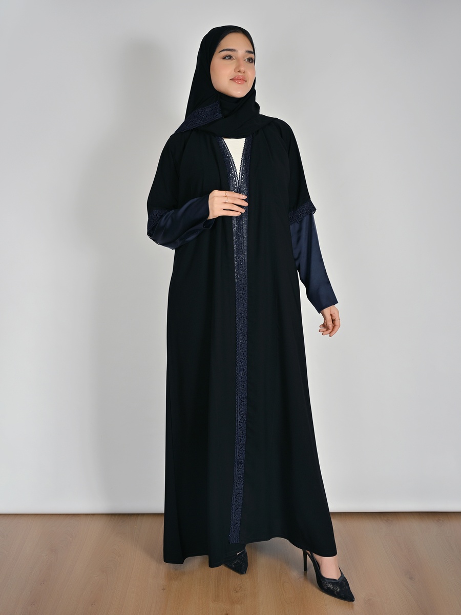 Black Satin Sleeve Abaya with Lace Accent